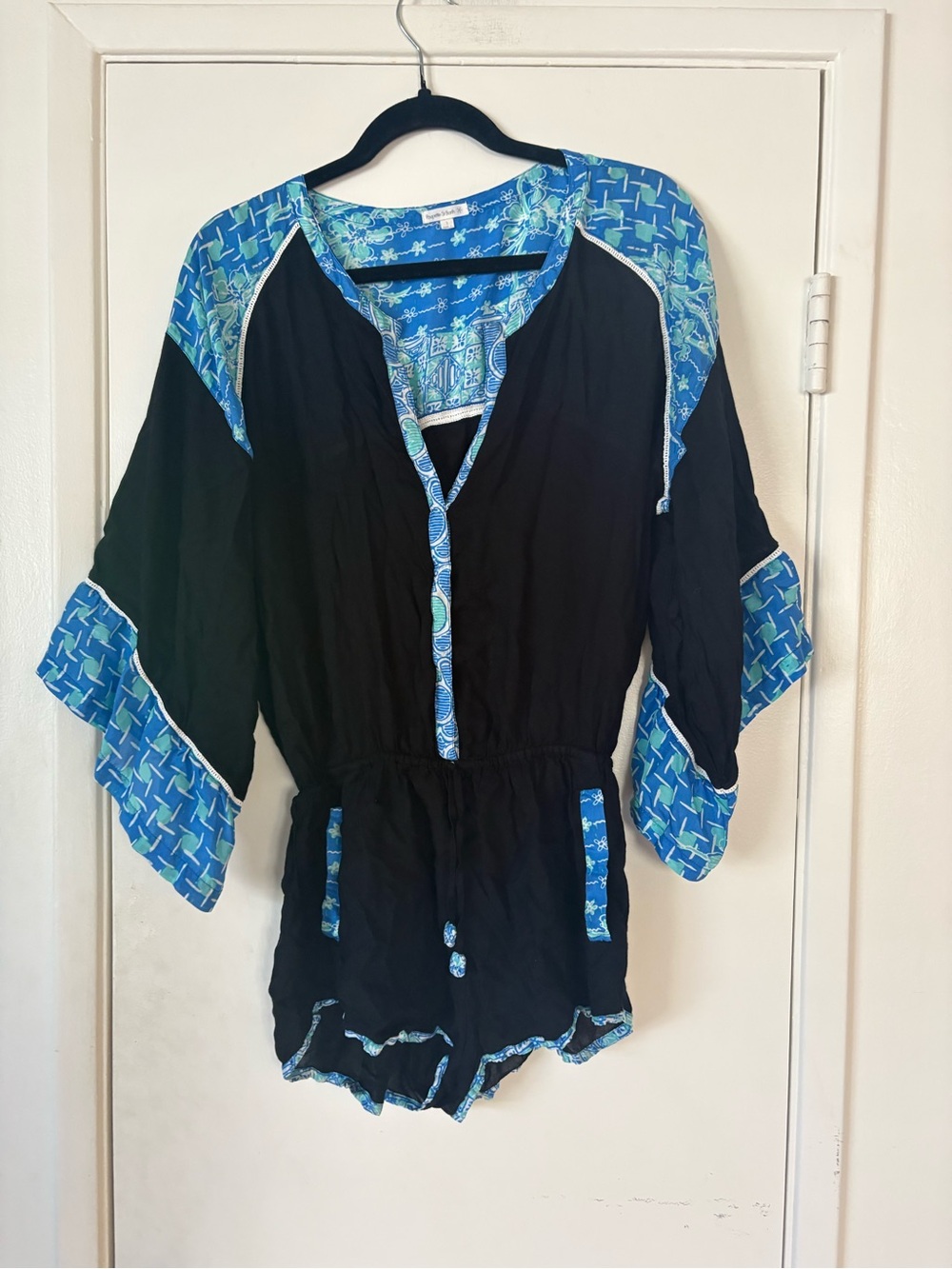 Poupette St. Barth Janna Black Romper with Blue Trim Size 1 (US 2-4)